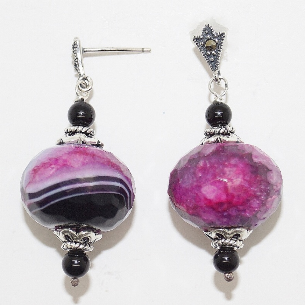 Pink/Black Polished Druzy Agate And Onyx Earrings